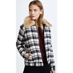 Jenni Kayne Flannel Checked Coyote Fur Collar Full Zip Jacket Navy Ivory M